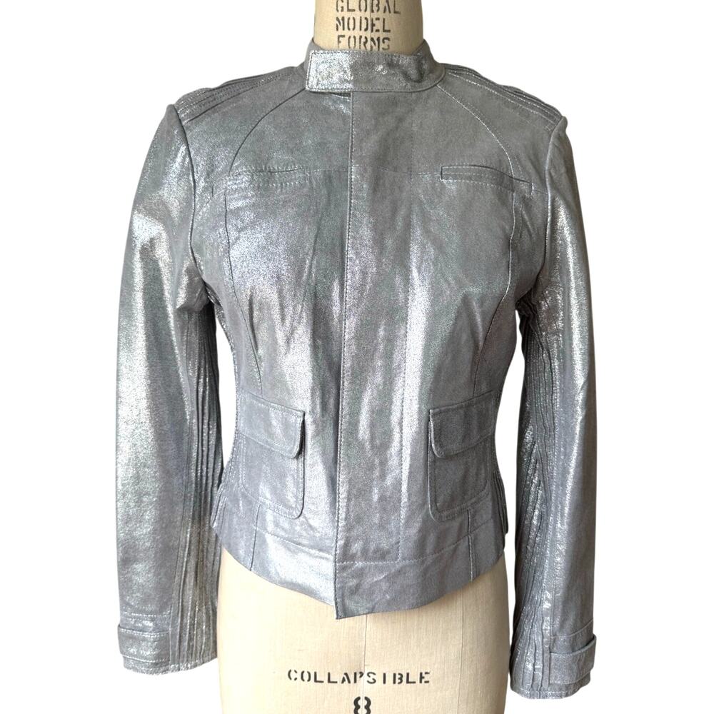 bebe Silver Leather Moto Jacket Size Medium Futuristic y2k Vintage Metallic
